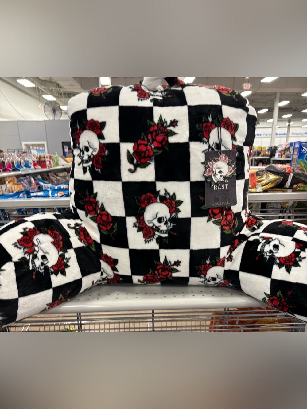 Ed Hardy B&W Checkered Skull Pillow w/ Red Roses - Back & Neck support